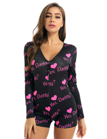 Жени Yes Daddy Letter Leopard Printed Sleepwear Гащеризон Трико с дълги ръкави Боди Bodycon Short Rompers Пижама Гащеризон