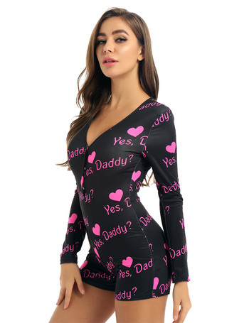 Жени Yes Daddy Letter Leopard Printed Sleepwear Гащеризон Трико с дълги ръкави Боди Bodycon Short Rompers Пижама Гащеризон