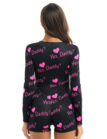 Жени Yes Daddy Letter Leopard Printed Sleepwear Гащеризон Трико с дълги ръкави Боди Bodycon Short Rompers Пижама Гащеризон