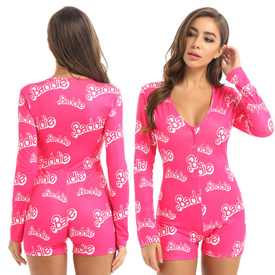 Žene Da Daddy Letter Leopard printed Odjeća za spavanje Kombinezon Dugih rukava Leotard Bodi Bodycon Kratke hlače Pidžame Kombinezoni