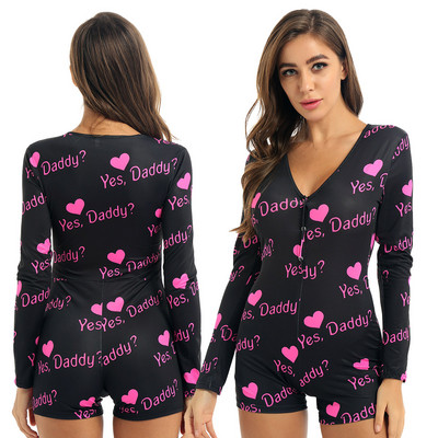 Žene Da Daddy Letter Leopard printed Odjeća za spavanje Kombinezon Dugih rukava Leotard Bodi Bodycon Kratke hlače Pidžame Kombinezoni