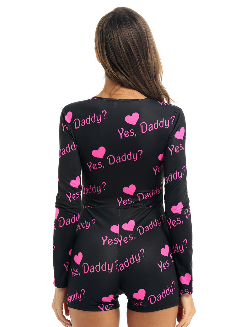 Žene Da Daddy Letter Leopard printed Odjeća za spavanje Kombinezon Dugih rukava Leotard Bodi Bodycon Kratke hlače Pidžame Kombinezoni
