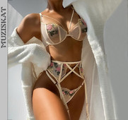 Set de lenjerie erotică pentru femei, broderie florală, lenjerie de corp transparentă sexy, lenjerie sexuală, 3 piese, set sutien și chiloți pentru femei