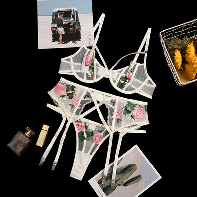 Set de lenjerie erotică pentru femei, broderie florală, lenjerie de corp transparentă sexy, lenjerie sexuală, 3 piese, set sutien și chiloți pentru femei