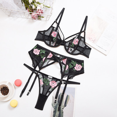Set de lenjerie erotică pentru femei, broderie florală, lenjerie de corp transparentă sexy, lenjerie sexuală, 3 piese, set sutien și chiloți pentru femei