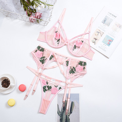Set de lenjerie erotică pentru femei, broderie florală, lenjerie de corp transparentă sexy, lenjerie sexuală, 3 piese, set sutien și chiloți pentru femei