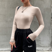 Body subțire pentru femei, sexy, la modă solidă, skinny, bodycon, pentru femei, cu mâneci lungi, cu gât în formă de O, ocazional, negru, bej, pentru femei.