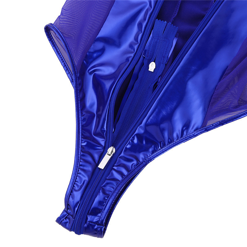 Body cu tăietură înaltă strălucitoare pentru femei, sexy, din plasă transparentă, cu fermoar, cu fermoar deschis, cu tanga, cu corp, într-o singură bucată, cu fermoar în față