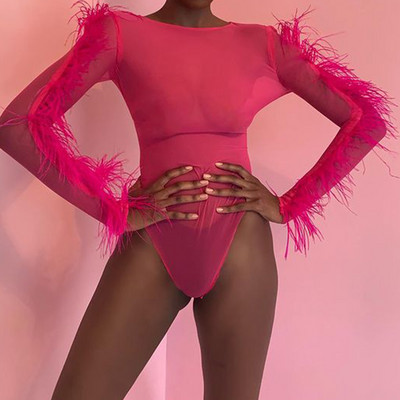 OMSJ Seksi patchwork pernati prozirni bodi Trendy dugih rukava s O-izrezom Ženski uski kombinezon Party Ženski kombinezon Novo