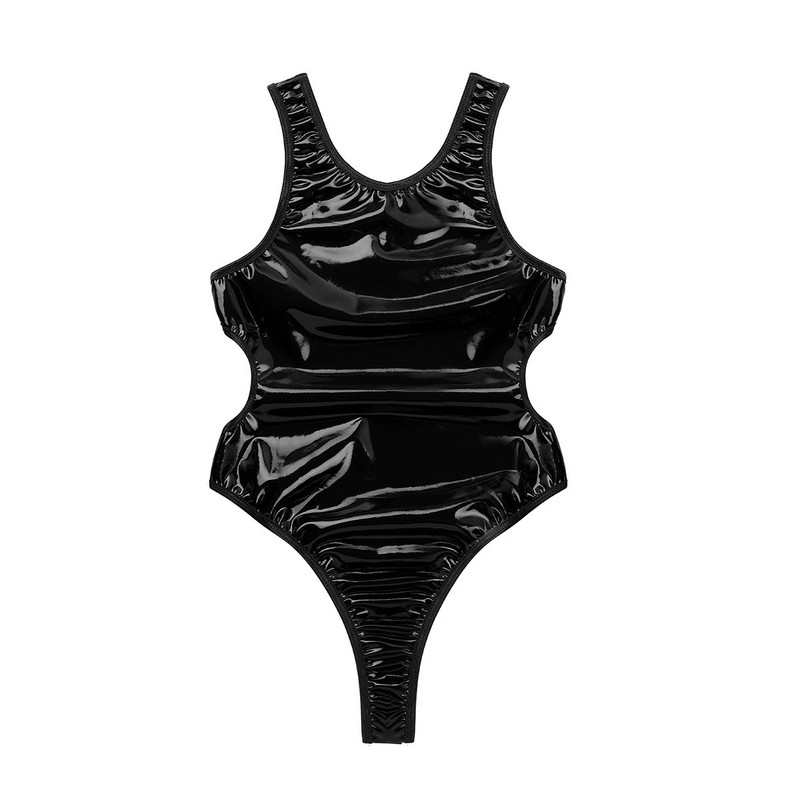 Mood Naiste Täiskasvanute Ühes tükis Wetlook PU-nahast varrukateta seljata kõrge lõikega stringid Clubwear trikoo Bodysuit Öörõivad