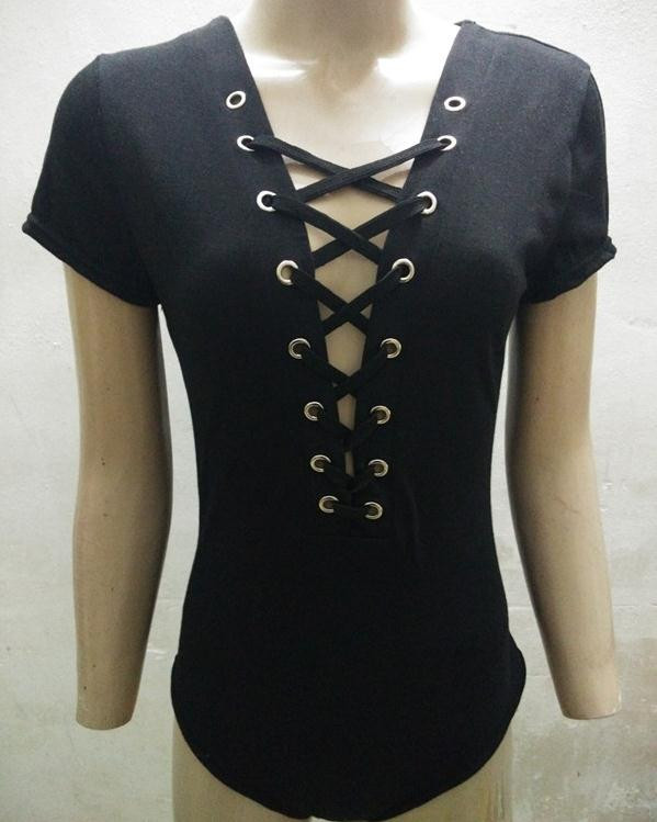 Tricou pentru femei, cu mâneci din bumbac, cu decolteu în V elastic