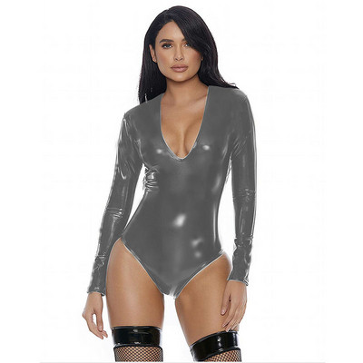 Φορμάκι μακρυμάνικο γατό μακρυμάνικο φόρμα συνθετικού μεγέθους με βαθύ λαιμόκοψη σε V λαιμόκοψη Κοστούμι χορού Cosplay με φερμουάρ από συνθετικό δέρμα Leotard Glitter