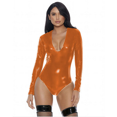 Φορμάκι μακρυμάνικο γατό μακρυμάνικο φόρμα συνθετικού μεγέθους με βαθύ λαιμόκοψη σε V λαιμόκοψη Κοστούμι χορού Cosplay με φερμουάρ από συνθετικό δέρμα Leotard Glitter