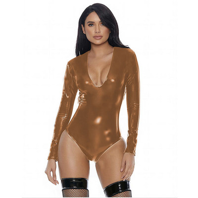 Φορμάκι μακρυμάνικο γατό μακρυμάνικο φόρμα συνθετικού μεγέθους με βαθύ λαιμόκοψη σε V λαιμόκοψη Κοστούμι χορού Cosplay με φερμουάρ από συνθετικό δέρμα Leotard Glitter