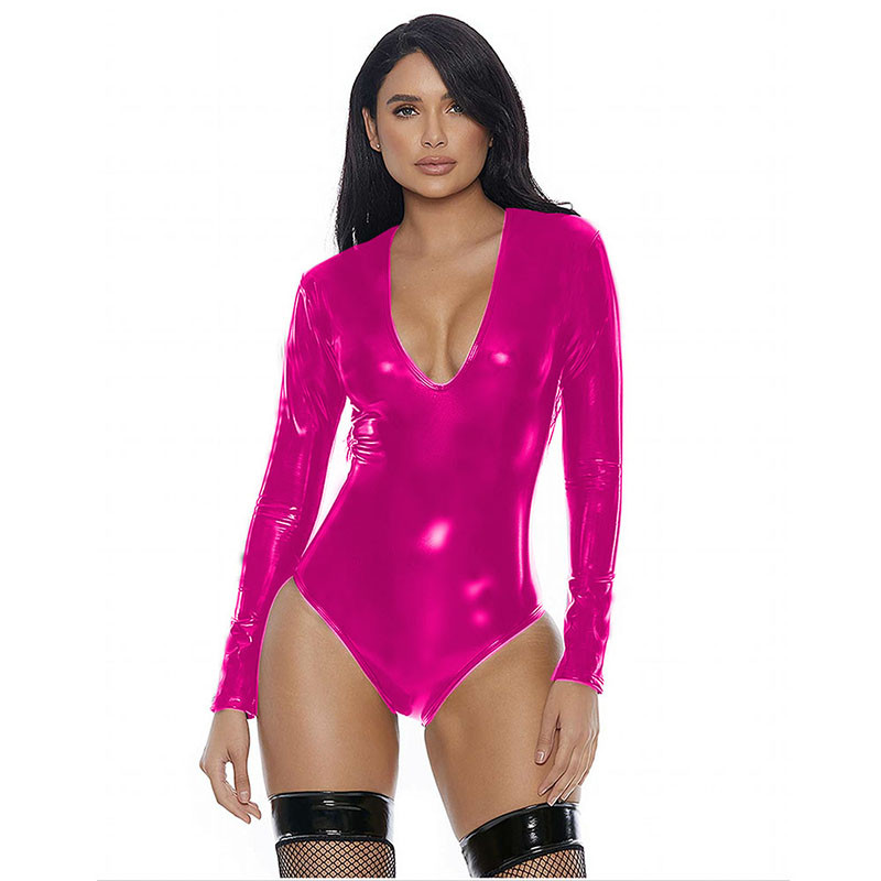 Φορμάκι μακρυμάνικο γατό μακρυμάνικο φόρμα συνθετικού μεγέθους με βαθύ λαιμόκοψη σε V λαιμόκοψη Κοστούμι χορού Cosplay με φερμουάρ από συνθετικό δέρμα Leotard Glitter