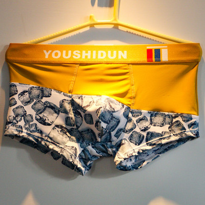 Boxeri din mătase de gheață pentru bărbați de marcă Lenjerie de corp pentru bărbați cu centură lată cu patchwork chiloți pentru bărbați, alunecoși, Ropa interior Cuecas Masculina