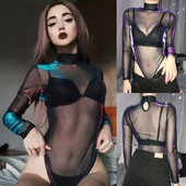 Body strălucitor cu mânecă lungă de modă Salopetă din plasă din plasă pentru femei Goth Gotic Sexy Body Femme Cămașă Top Bluză transparentă Nou
