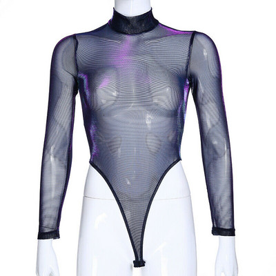 Body strălucitor cu mânecă lungă de modă Salopetă din plasă din plasă pentru femei Goth Gotic Sexy Body Femme Cămașă Top Bluză transparentă Nou