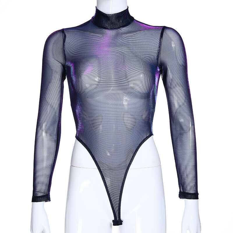 Body strălucitor cu mânecă lungă de modă Salopetă din plasă din plasă pentru femei Goth Gotic Sexy Body Femme Cămașă Top Bluză transparentă Nou