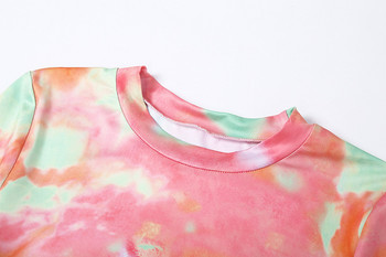 New Tie Dye Skinny Long Sleeve Sexy Bodysuit Дамско О Деколте Rainbow Есен Зима Ежедневно Боди Горнище Дамско