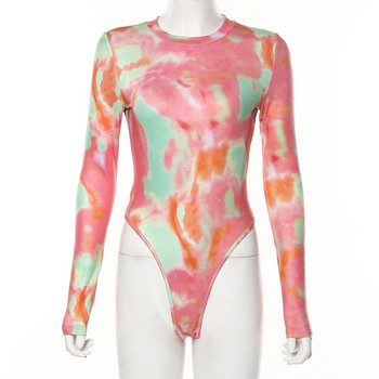 New Tie Dye Skinny Long Sleeve Sexy Bodysuit Дамско О Деколте Rainbow Есен Зима Ежедневно Боди Горнище Дамско