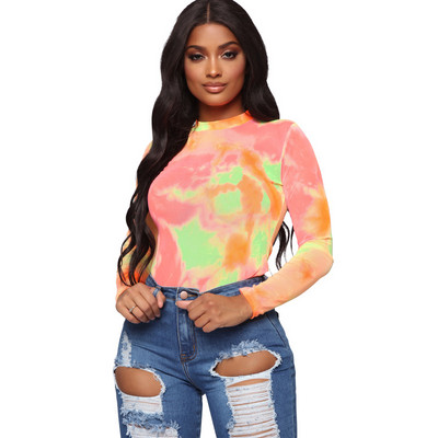 Body cu mânecă lungă și mânecă lungă, nou Tie Dye, sexy, pentru femei, cu gâtul în formă de curcubeu, toamnă iarna, ocazional, topuri pentru femei