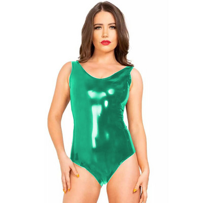 Γυναικείο κορμάκι χωρίς πλάτη με λαιμόκοψη σε V λαιμόκοψη, λεπτή αμάνικη φόρμα από PVC ψηλό κούρεμα, Καλοκαιρινή σέξι βρεγμένη εμφάνιση, χορευτικά ρούχα