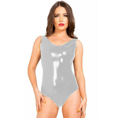 Γυναικείο κορμάκι χωρίς πλάτη με λαιμόκοψη σε V λαιμόκοψη, λεπτή αμάνικη φόρμα από PVC ψηλό κούρεμα, Καλοκαιρινή σέξι βρεγμένη εμφάνιση, χορευτικά ρούχα