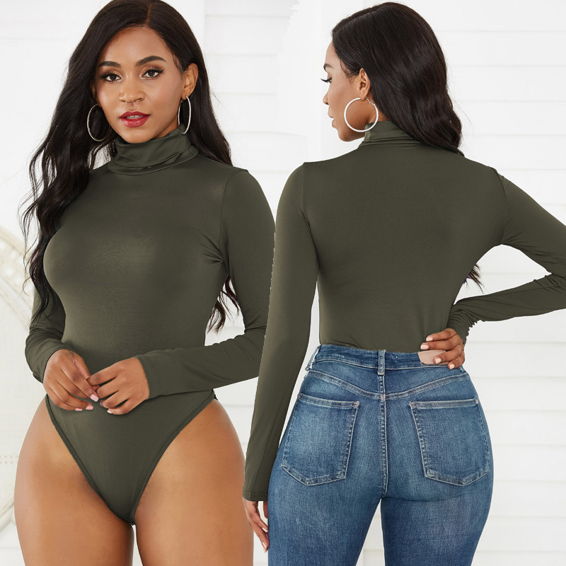 12 Χρώματα Γυναικεία Mock Turtle Neck Top Skinny Leotard ολόσωμο μακρυμάνικο Bodycon Romper Μασίφ στρινγκ Stretch Basic Turtleneck XL