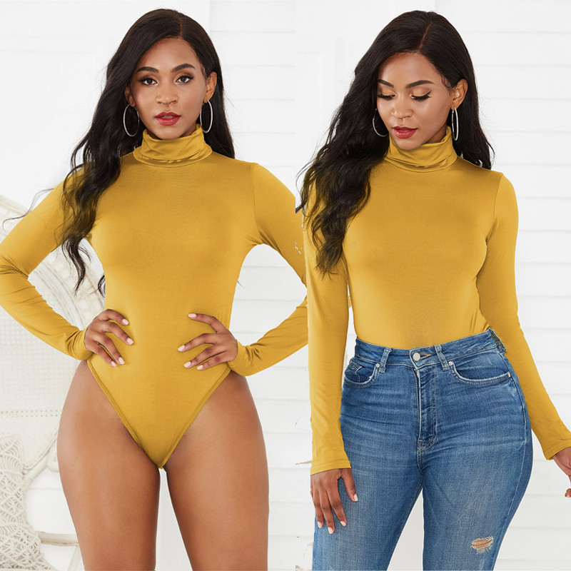 12 Χρώματα Γυναικεία Mock Turtle Neck Top Skinny Leotard ολόσωμο μακρυμάνικο Bodycon Romper Μασίφ στρινγκ Stretch Basic Turtleneck XL