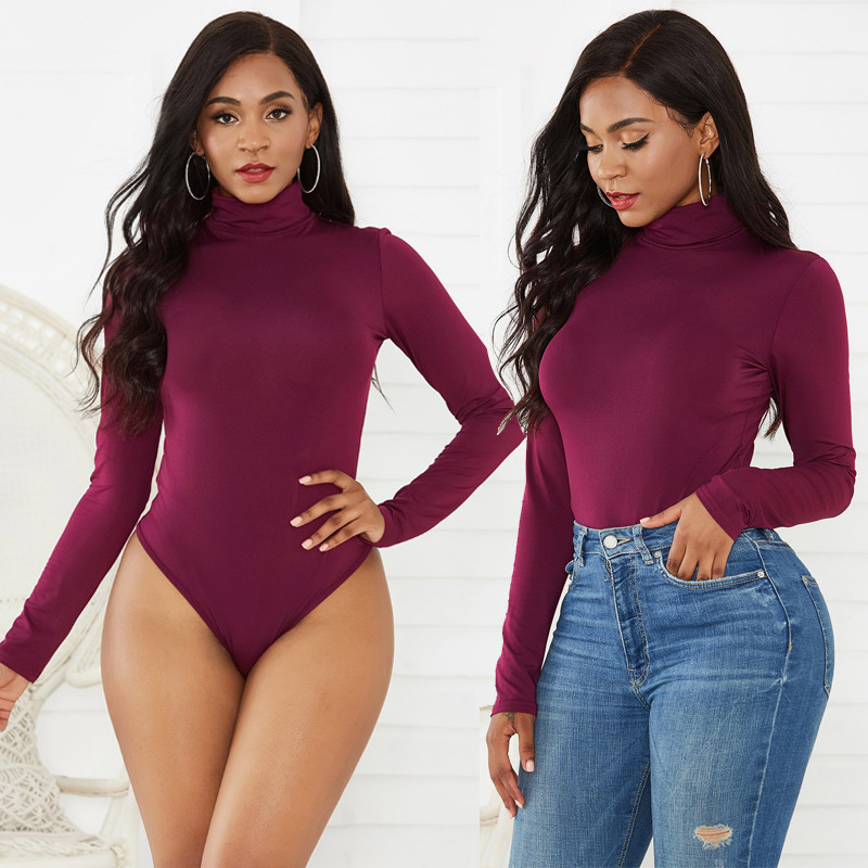 12 Χρώματα Γυναικεία Mock Turtle Neck Top Skinny Leotard ολόσωμο μακρυμάνικο Bodycon Romper Μασίφ στρινγκ Stretch Basic Turtleneck XL