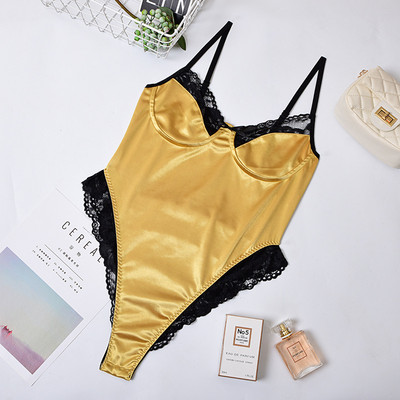 Body nou din satin cu patchwork din dantelă Salopetă sexy fără spate Tricouri subțiri pentru femei Topuri dintr-o singură bucată Body pentru petrecere de club Lenjerie intima slabă