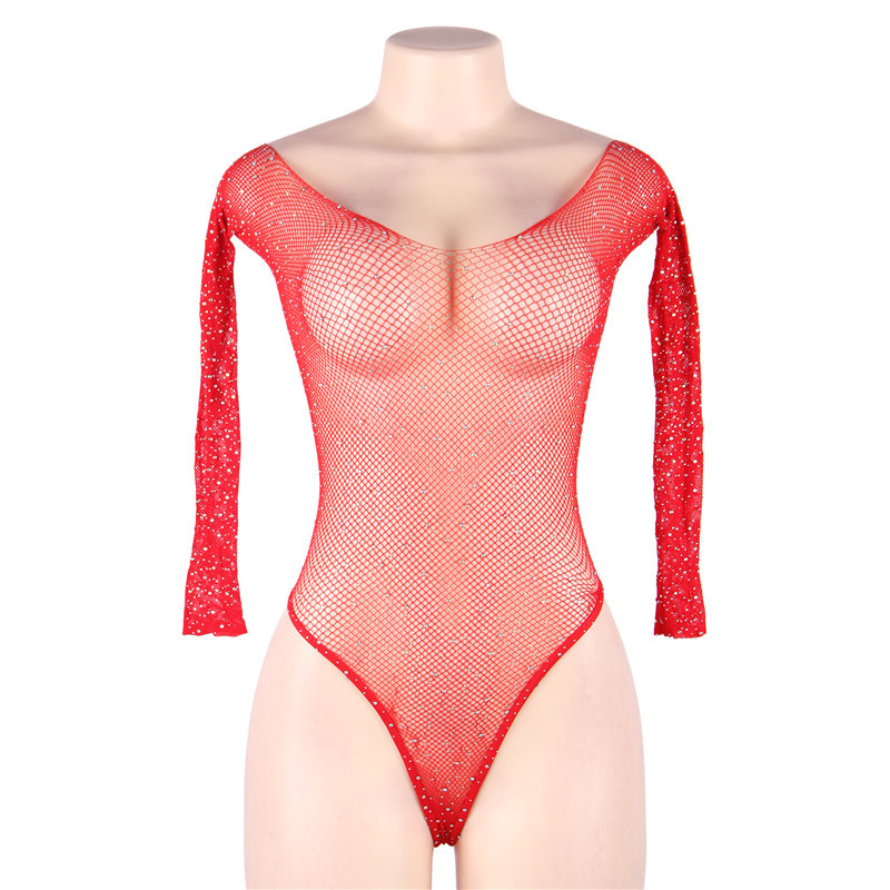Off the Shoulder body pikkade varrukatega kalavõrk Rhinestone Bodysuit läbipaistev Femme Bodycon Jumpsuit must punane RW80877