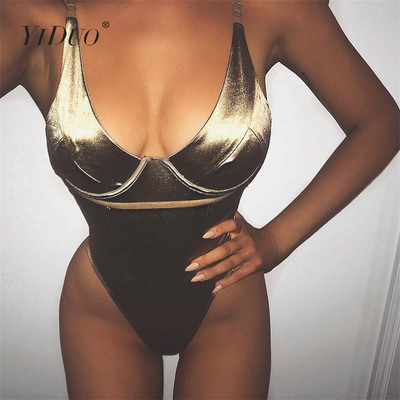 YiDuo Szexi Bodysuit V nyakú, rugalmas női testre szabott spagettipántos játszóruhák 2019 női arany zöld rózsaszín szatén bodyk klubbuli