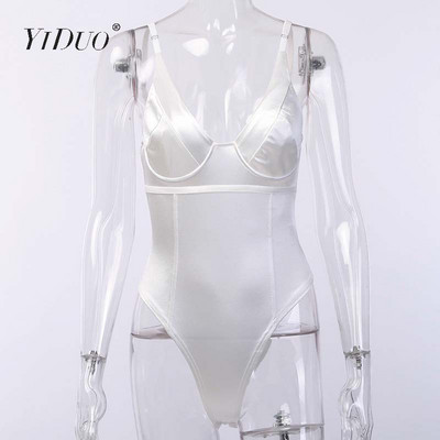 YiDuo Sexy Bodysuit V Layer Stretchy Γυναικείο Σώμα Spaghetti λουράκι Playsuits 2019 Γυναικείο χρυσό πράσινο ροζ σατέν φορμάκια Club Party