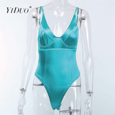 YiDuo Sexy Bodysuit V Layer Stretchy Γυναικείο Σώμα Spaghetti λουράκι Playsuits 2019 Γυναικείο χρυσό πράσινο ροζ σατέν φορμάκια Club Party