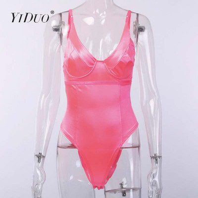 YiDuo Sexy Bodysuit V Layer Stretchy Γυναικείο Σώμα Spaghetti λουράκι Playsuits 2019 Γυναικείο χρυσό πράσινο ροζ σατέν φορμάκια Club Party