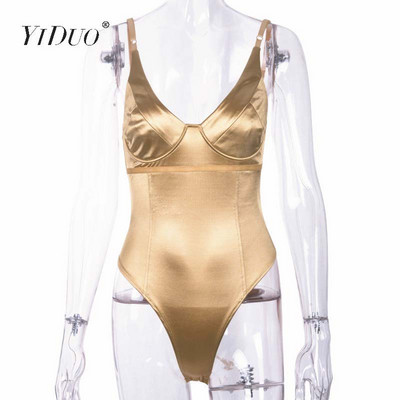 YiDuo Sexy Bodysuit V Layer Stretchy Γυναικείο Σώμα Spaghetti λουράκι Playsuits 2019 Γυναικείο χρυσό πράσινο ροζ σατέν φορμάκια Club Party