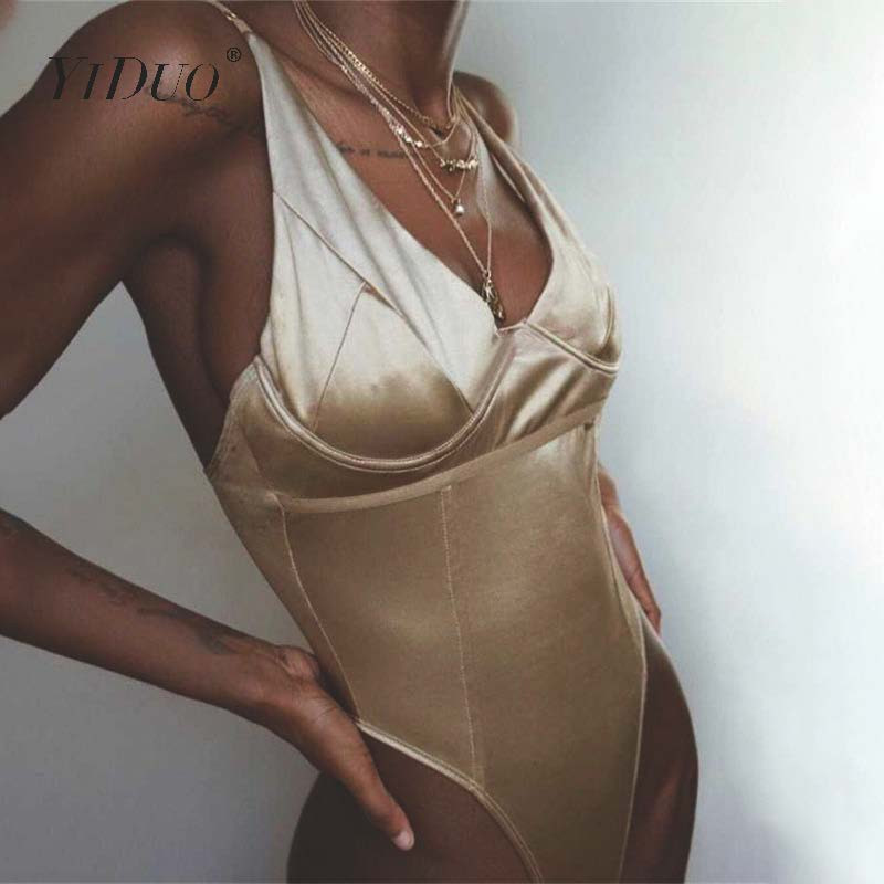 YiDuo Sexy Bodysuit V Layer Stretchy Γυναικείο Σώμα Spaghetti λουράκι Playsuits 2019 Γυναικείο χρυσό πράσινο ροζ σατέν φορμάκια Club Party