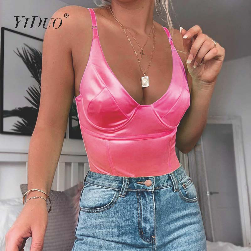 YiDuo Sexy Bodysuit V Layer Stretchy Γυναικείο Σώμα Spaghetti λουράκι Playsuits 2019 Γυναικείο χρυσό πράσινο ροζ σατέν φορμάκια Club Party