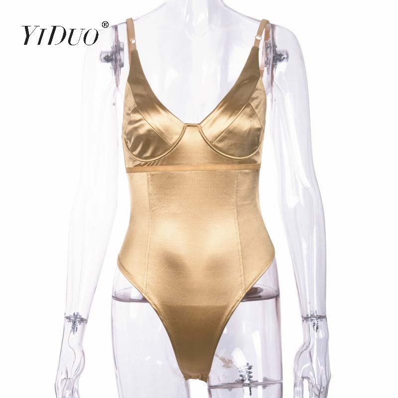 YiDuo Sexy Bodysuit V Layer Stretchy Γυναικείο Σώμα Spaghetti λουράκι Playsuits 2019 Γυναικείο χρυσό πράσινο ροζ σατέν φορμάκια Club Party