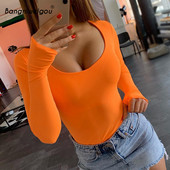 Bangniweigou Neon Solid Skinny Jumpsuit Salopete Femei Toamna Maneca lunga Decoltat Body de baza Top Salopete Portocaliu Roz Negru
