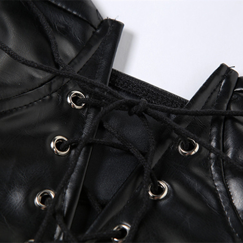 BOOFEENAA PU Δερμάτινο μαύρο σέξι κορμάκι Γυναικείο Σέξι γοτθικό εσώρουχο Lace Up Επίδεσμο Κοστούμι κορμάκι Κλαμπ στολή C83-CG13