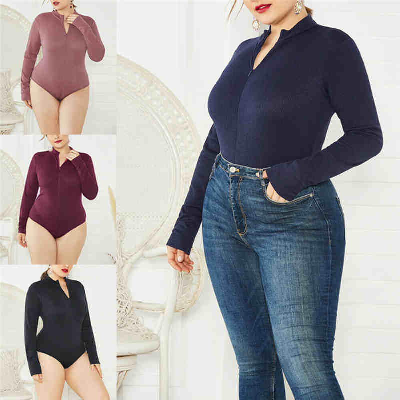 Body tricotat cu decolteu în V sexy, pentru femei, cu mânecă lungă, cu mâneci lungi, salopete supradimensionate, pentru femei, cu fermoar, 2019, ocazional, dintr-o singură piesă.