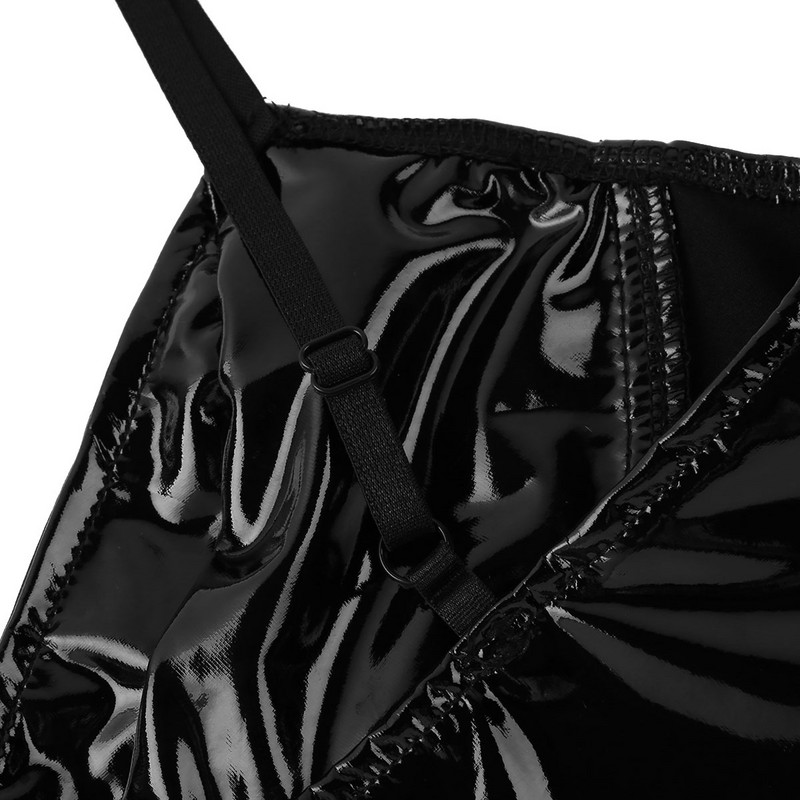 Naiste naiste Wetlook bodid Kassiülikonnad Nahast spagetid Rihmad Kõrge lõikega trikoo Seksikas Clubwear Bodycon Pole Rave tantsukostüümid