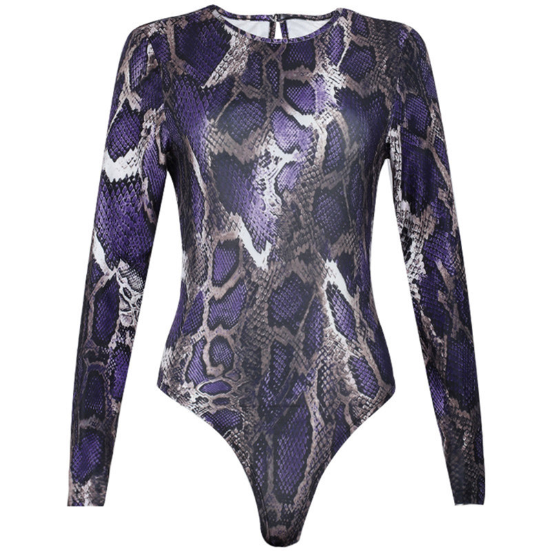 Body pentru femei Xingqing, la modă, ocazional, cu mâneci lungi, cu model de șarpe, cu gât rotund, cu talie înaltă, strânsă