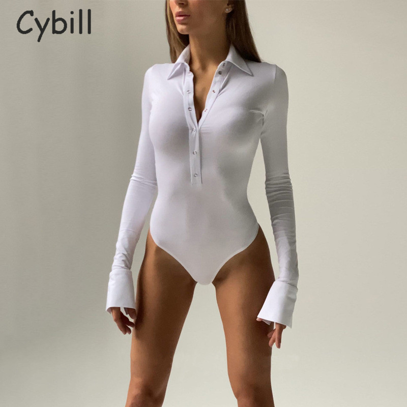 Cybill Turn Down Κουμπί Bodycon Γυναικείο φορμάκι Casual Φθινοπωρινό Χειμερινό Λευκό Μαύρο Κορμάκι για Γυναικείο Κορμάκι Γυναικείο Μπλουζ