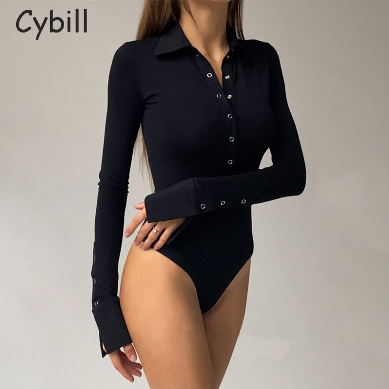 Cybill Turn Down Κουμπί Bodycon Γυναικείο φορμάκι Casual Φθινοπωρινό Χειμερινό Λευκό Μαύρο Κορμάκι για Γυναικείο Κορμάκι Γυναικείο Μπλουζ