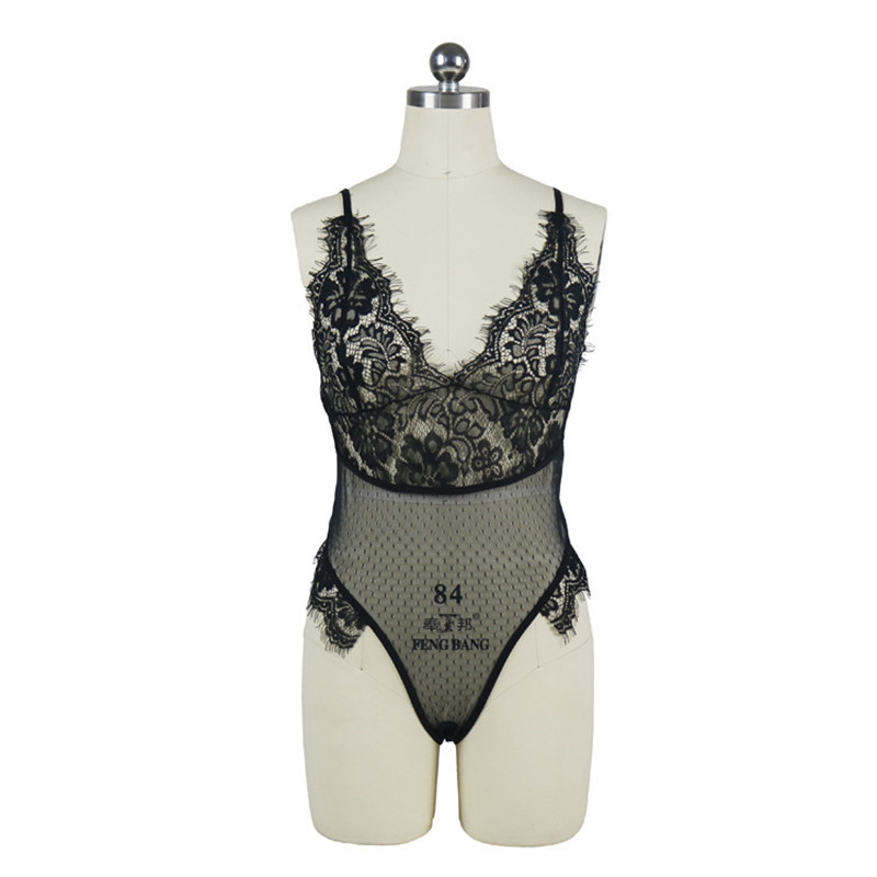 Naujas moteriškas seksualus nėriniuotas tinklinis Bodysuit Deep V Perspective Rompers Moteriškas kombinezonas Playsuit G-string & Thong Femme Nigghwear Sleepwear Hot