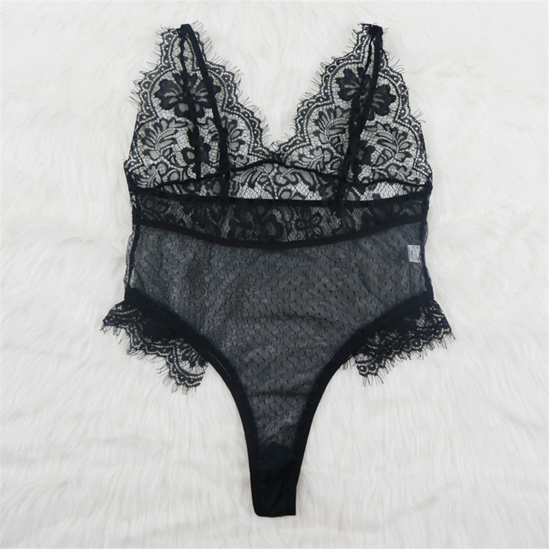 Naujas moteriškas seksualus nėriniuotas tinklinis Bodysuit Deep V Perspective Rompers Moteriškas kombinezonas Playsuit G-string & Thong Femme Nigghwear Sleepwear Hot